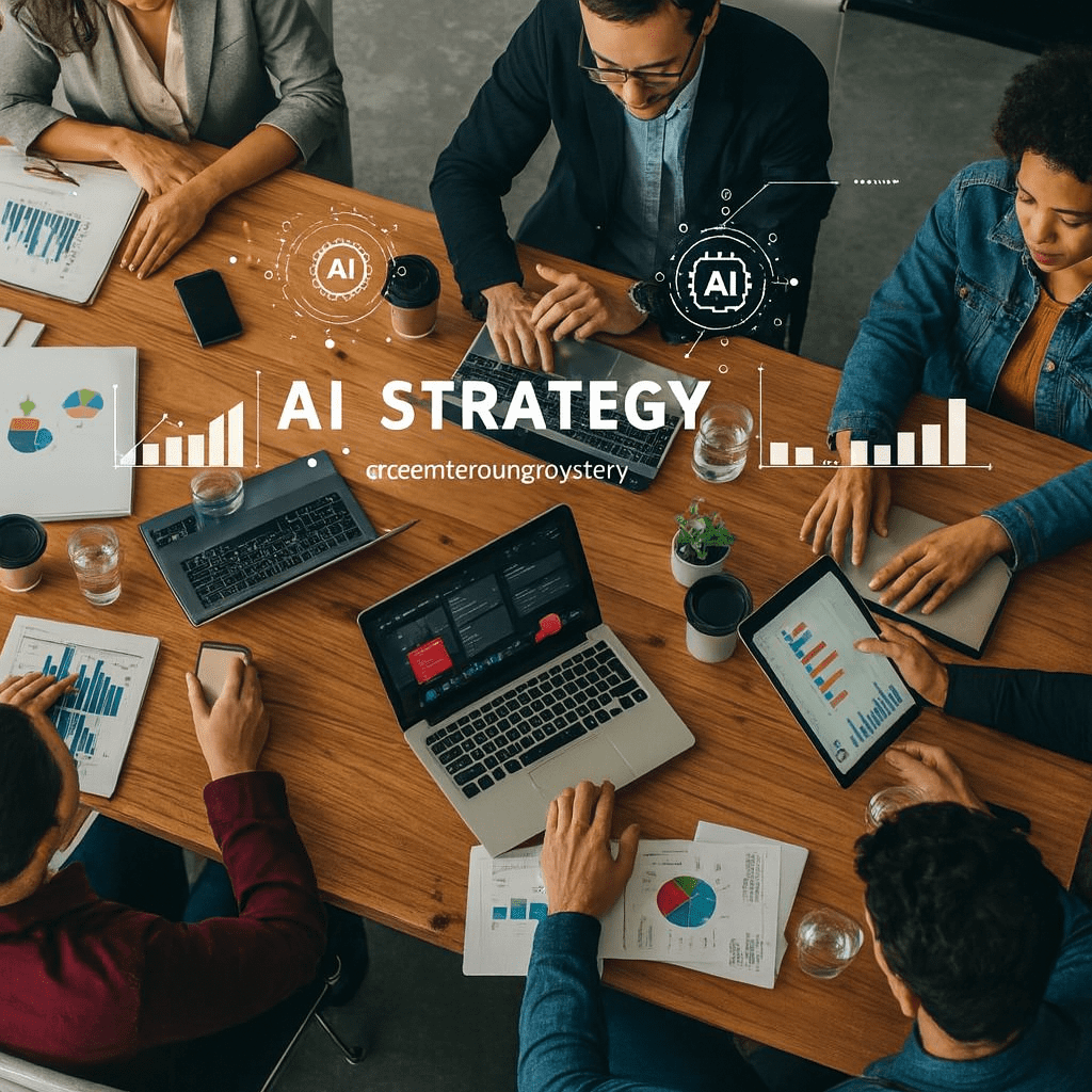 Business professionals collaborating on AI strategy in a modern office setting