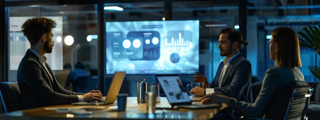 a dynamic sales presentation in a modern office setting, showcasing an ai interface that visually represents persuasive strategies like reciprocity and personalization, illuminated by the soft glow of overhead lights creating an engaging and inspiring atmosphere.