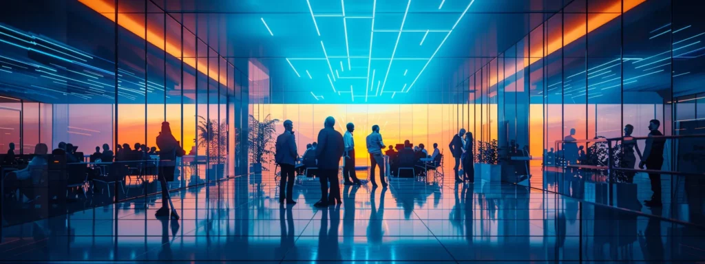 a futuristic office environment, bathed in soft blue lighting, showcases a diverse group of professionals engaging with advanced conversational ai technology, symbolizing the transformative impact of ai on modern sales strategies.