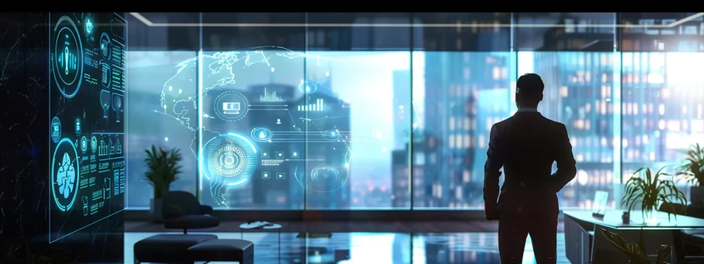 a sleek, futuristic ai agent in a modern sales office, with vibrant digital interfaces and data visualizations illuminating an engaging conversation with a customer, encapsulating the essence of intelligent technology in business.