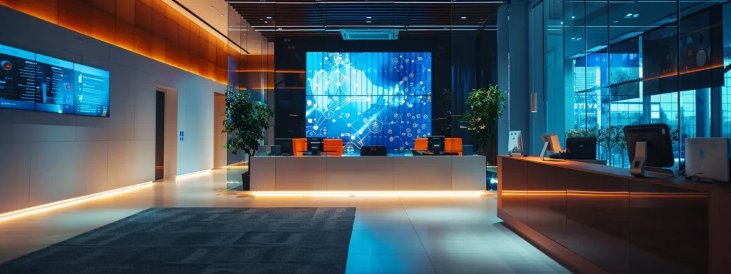 a sleek, modern sales office illuminated by soft, focused lighting, showcasing an ai interface seamlessly integrated into the workspace, symbolizing the fusion of technology and human collaboration amidst a backdrop of data security themes and innovative solutions.
