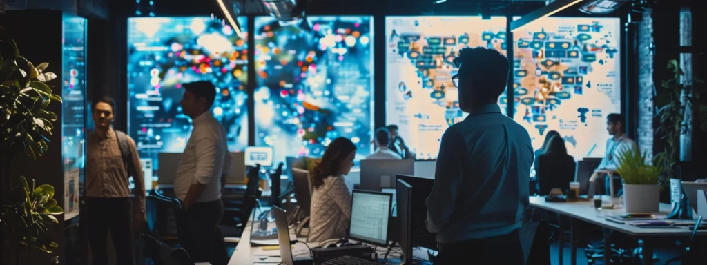 a bustling office environment showcases a diverse team of professionals gathered around a large digital screen displaying an intricate ai roadmap filled with data analytics and strategic insights, underscoring the challenges and solutions of ai implementation.