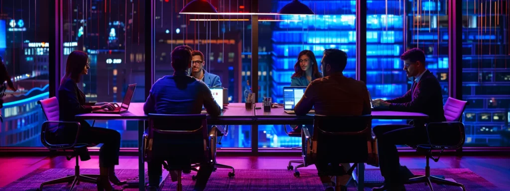 a dynamic office environment showcases a diverse team engaged in collaboration around a modern conference table, illuminated by bright, artificial lighting, as they utilize advanced ai tools displayed on sleek laptops and digital dashboards to strategize and enhance productivity.