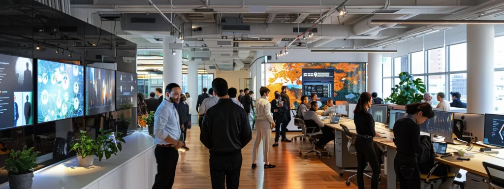 a dynamic office environment showcases a diverse group of professionals engaged in a collaborative brainstorming session, surrounded by digital screens displaying ai strategy blueprints and analytics, highlighting their efforts to overcome challenges in ai implementation.