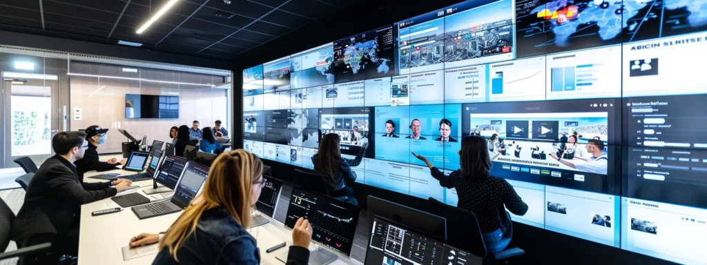 a dynamic office environment showcasing a diverse team of professionals engaged in intense discussions around digital screens displaying ai analytics and case studies, illustrating the impactful integration of ai strategy in retail and supply chain management.