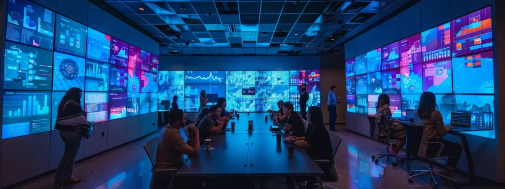 a dynamic office environment showcases a diverse team engaged in a collaborative strategy session, surrounded by digital screens displaying vibrant ai analytics and marketing metrics, emphasizing innovation and efficiency in driving campaign effectiveness.