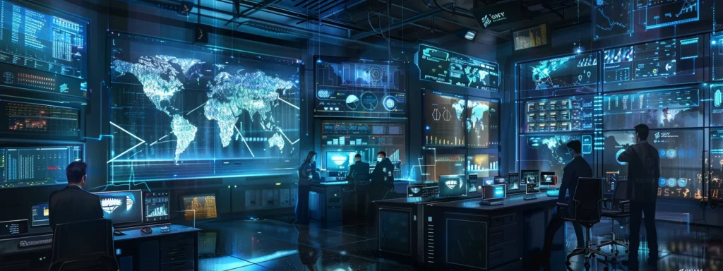 a dynamic office scene featuring diverse professionals collaboratively engaging with advanced ai technology on sleek digital devices, surrounded by high-tech screens displaying data analytics to illustrate the effective implementation of ai solutions in business transformation.