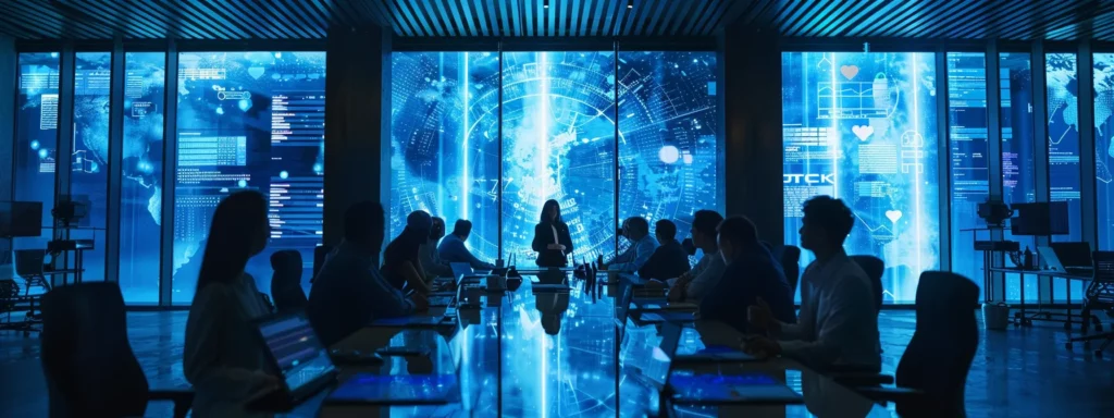a dynamic office setting showcases a diverse team of professionals engaged in a vibrant discussion around a sleek conference table, surrounded by digital displays highlighting ai audit data, symbolizing the strategic growth and innovation driven by artificial intelligence in business.