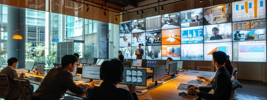 a dynamic office setting showcases a focused fractional chief ai officer conducting a strategic ai implementation meeting, surrounded by digital screens displaying analytics and procedural frameworks, highlighting the integration of advanced technology in the corporate landscape.