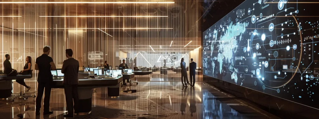 a dynamic office space filled with small business professionals actively engaged in collaborative discussions surrounding an advanced digital interface displaying ai analytics, illustrating the transformative impact of ai integration on their operations and decision-making processes.