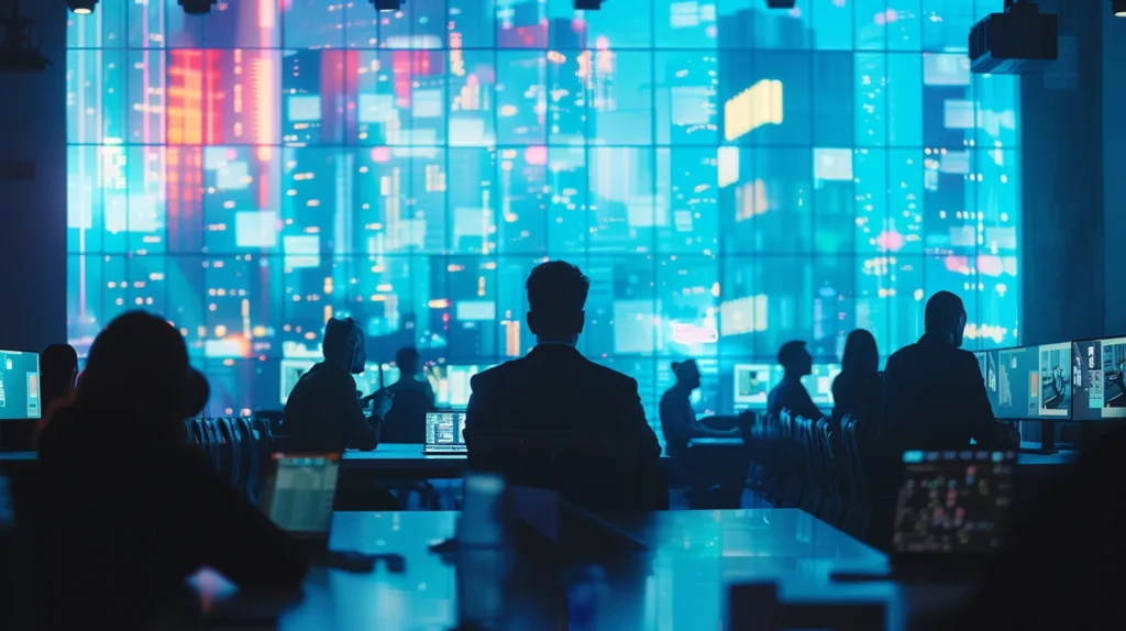 a dynamic office workspace filled with diverse professionals engaged in focused discussions around a large digital display showcasing various ai technologies and tools, emphasizing strategic planning and collaboration for small business growth.