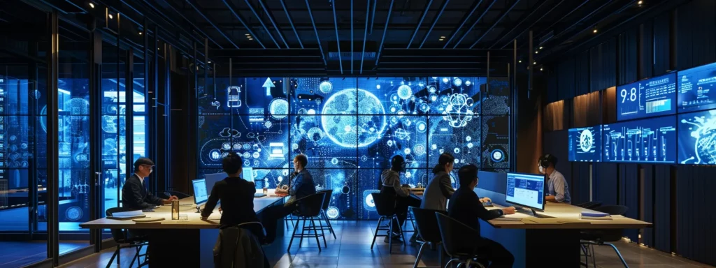 a dynamic urban office setting showcases a diverse team of professionals collaborating around a sleek conference table, surrounded by digital screens displaying complex ai strategy diagrams and agile project timelines, illuminated by modern, high-tech lighting.