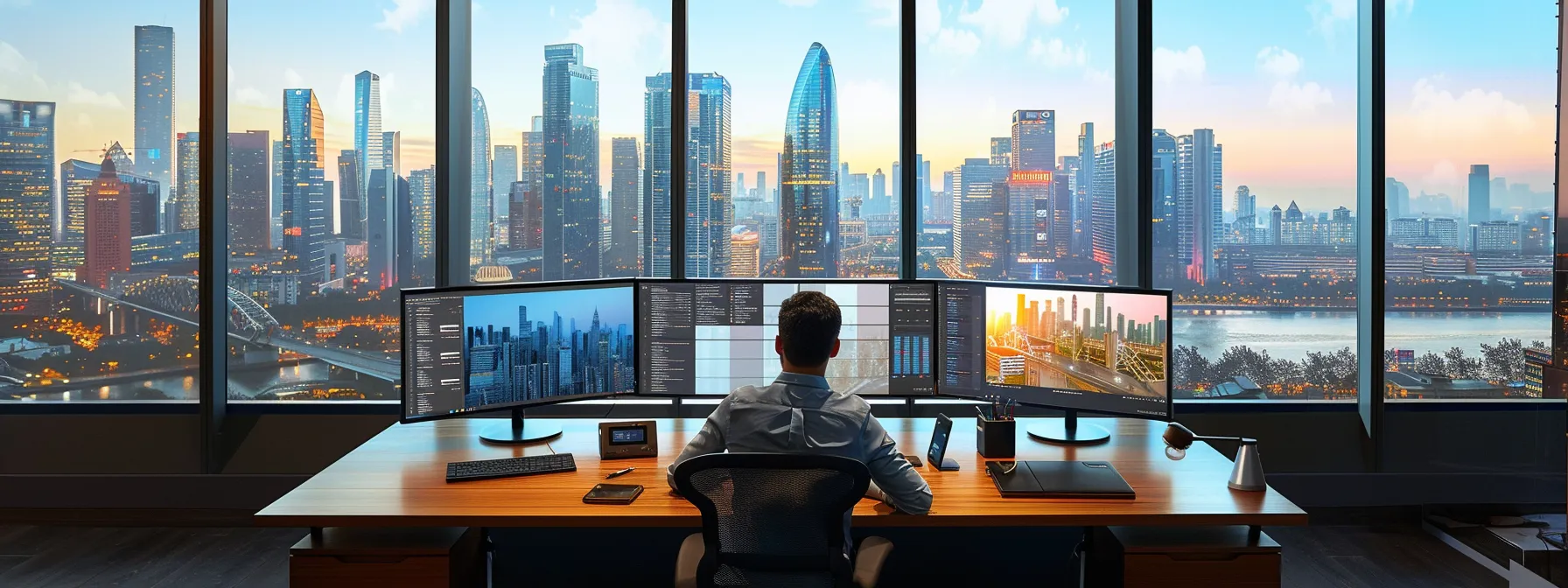 a focused entrepreneur sits at a sleek, modern desk surrounded by digital screens displaying ai integration strategies, with a dynamic city skyline visible through large windows, symbolizing innovation and growth in small business.