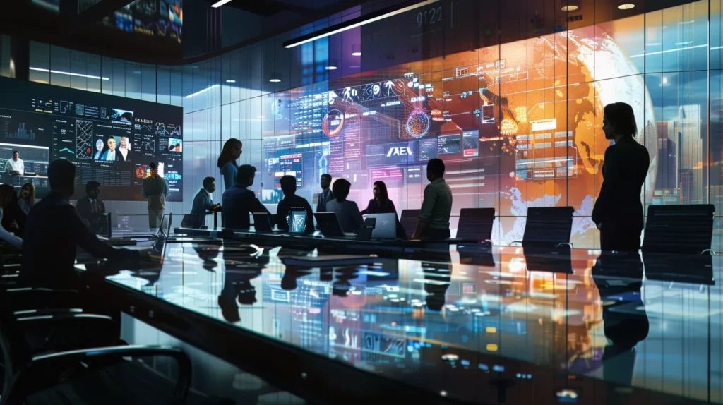 a focused office scene features a diverse team gathered around a sleek conference table, intently discussing a detailed step-by-step implementation plan for ai technologies, with visual aids showcasing timelines and performance metrics displayed on a large screen in a well-lit, modern workspace.