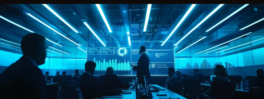 a modern conference room illuminated by sleek overhead lights, featuring a prominent digital screen displaying clear and concise ai roi metrics, surrounded by focused professionals engaged in a strategic discussion about aligning ai initiatives with business objectives.