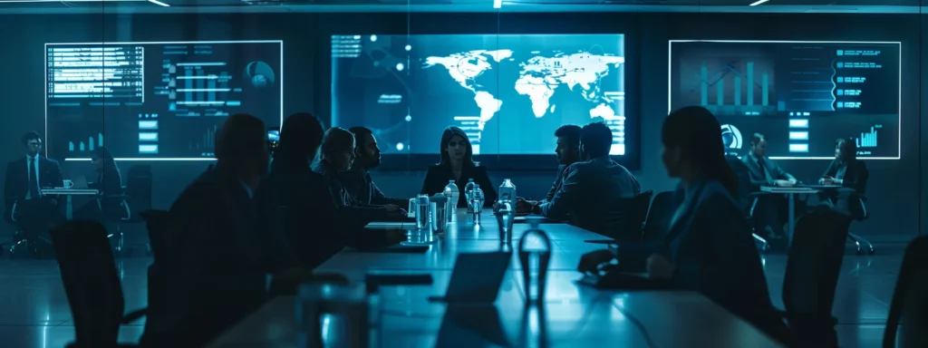 a modern conference room with sleek furniture and digital displays features a diverse group of professionals engaged in a dynamic brainstorming session about ai strategy consulting, reflecting an atmosphere of innovation and collaboration.