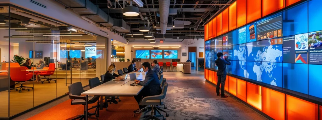 a modern corporate office features a confident fractional chief ai officer engaging in a futuristic strategy session, surrounded by interactive digital displays showcasing ethical ai practices and industry trends in a sleek, tech-savvy environment.