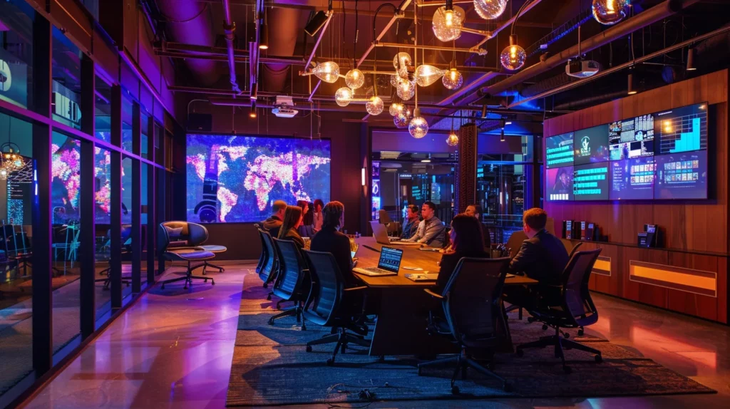 a modern office conference room bustling with focused small business owners engaged in a dynamic brainstorming session about implementing ai strategies, illuminated by sleek overhead lights and surrounded by digital screens displaying innovative ideas and graphs.