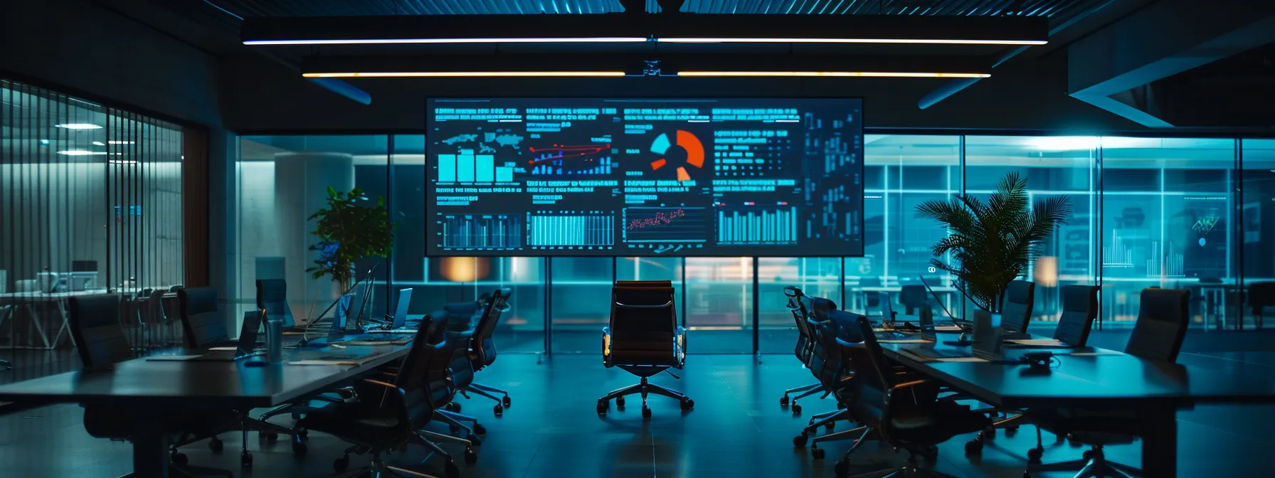 a modern office conference room with sleek furniture and a large digital screen displaying vibrant ai analytics, highlighting a strategic session in progress, illuminated by soft artificial lighting.
