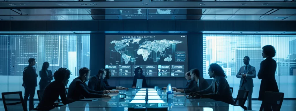 a modern office conference room is filled with a diverse group of professionals intently analyzing a digital dashboard displaying ai initiative metrics, with a large screen highlighting performance data and collaborative discussions taking place around a sleek table.