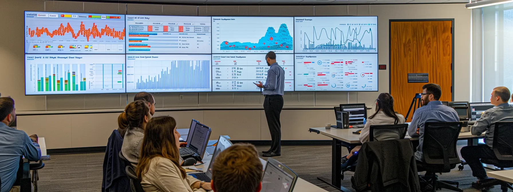 a modern office conference room is filled with professionals engaged in an animated discussion, analyzing a large digital display showcasing graphs and data illustrating the roi of ai adoption in business.