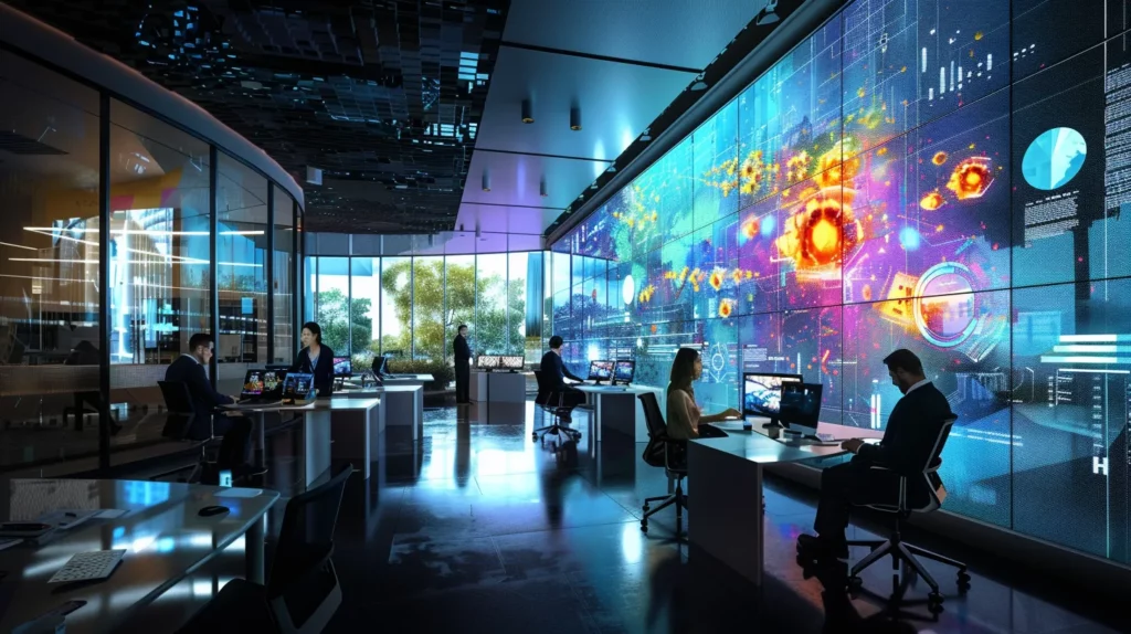 a modern office environment showcases a diverse team engaged in a dynamic brainstorming session, surrounded by digital displays highlighting ai trends and performance analytics, illustrating the theme of continuous learning and adaptation.