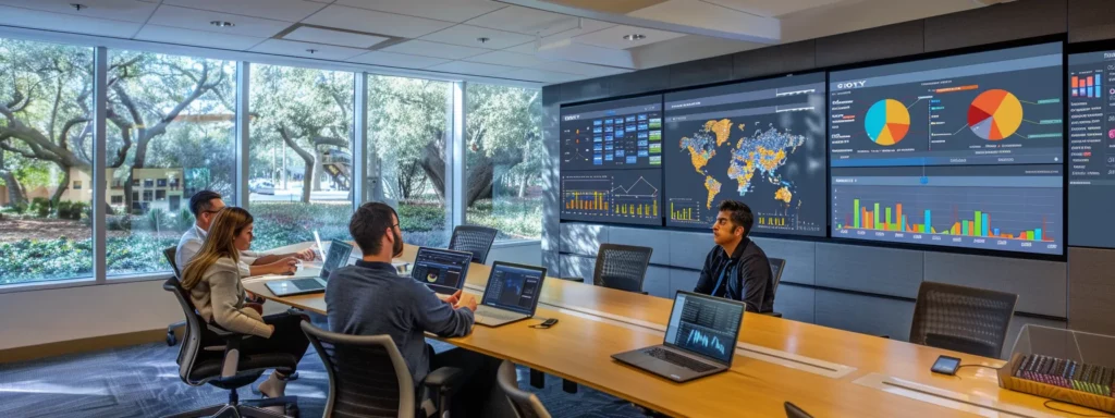 a modern office environment showcases a diverse team gathered around a sleek conference table, analyzing colorful graphs and digital dashboards on laptops, symbolizing the systematic approach to measuring the success of ai strategy implementation.