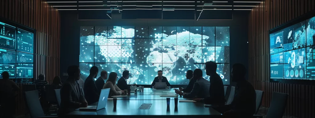 a modern office setting features a diverse team of professionals engaged in a dynamic brainstorming session around a sleek table, with digital screens displaying complex ai data visualizations and strategy frameworks, emphasizing their collaborative focus on leveraging artificial intelligence for business growth.