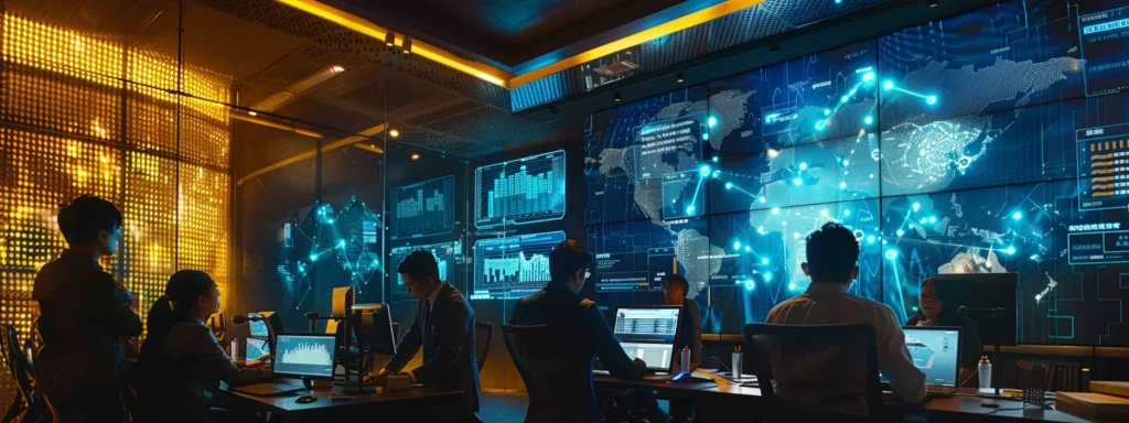 a modern office setting featuring a diverse group of professionals engaged in a dynamic brainstorming session, surrounded by digital screens displaying data analysis and ai insights, emphasizing the theme of identifying ai opportunities within a business.