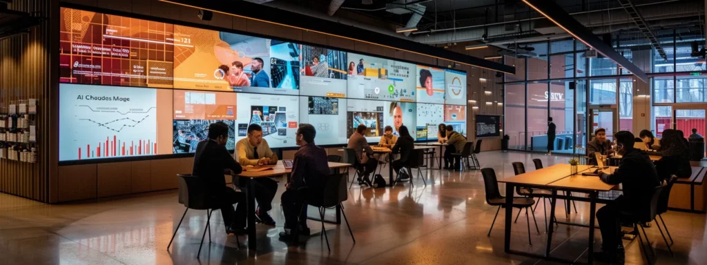 a modern office setting showcases a diverse team of professionals collaboratively examining a detailed ai roadmap on a large screen, illuminated by dynamic, focused lighting that highlights their engaged expressions and the complex visuals representing strategic ai initiatives.