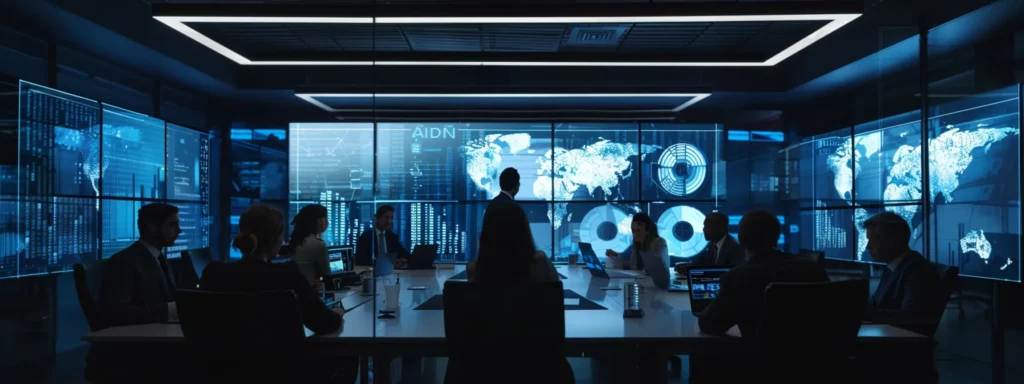 a modern office setting showcases a small business team collaborating around a sleek table, engaging with dynamic screens displaying ai analytics and customer engagement strategies, embodying innovation and efficiency in enhancing customer experiences.