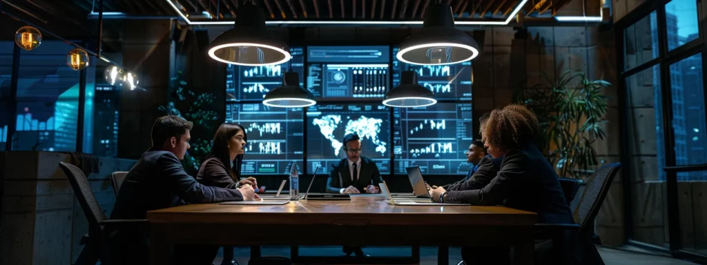 a modern office setting with a sleek conference table surrounded by professionals engaging in a thoughtful discussion on ethical ai practices, with digital screens displaying data analytics and ethical guidelines in the background, illuminated by focused ambient lighting.