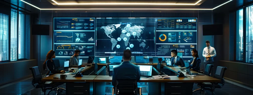 a modern office workspace features a diverse team of professionals engaging in a dynamic brainstorming session around a sleek conference table, surrounded by interactive screens displaying ai data trends and optimization strategies.