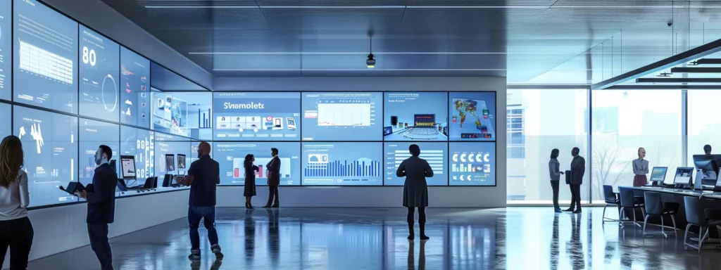 a modern office workspace is filled with diverse professionals engaging with various ai tools on sleek digital devices, showcasing vibrant graphs and dashboards that highlight customer interactions, sales insights, and project management efficiency.