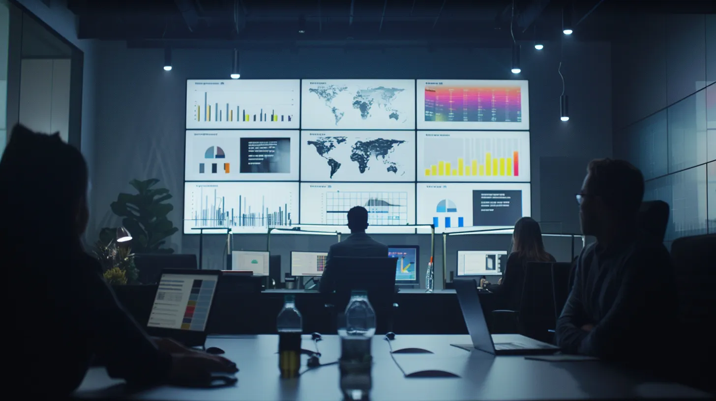 a modern office workspace showcases a diverse group of small business entrepreneurs engaging in a dynamic strategy session, surrounded by digital displays and analytics, embodying a vibrant atmosphere of innovation and collaboration.