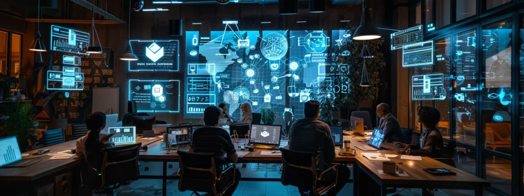 a modern office workspace showcases a diverse team engaged in a dynamic brainstorming session, surrounded by digital displays of ai analytics and strategic plans, highlighting the innovative process of integrating artificial intelligence into small business operations.