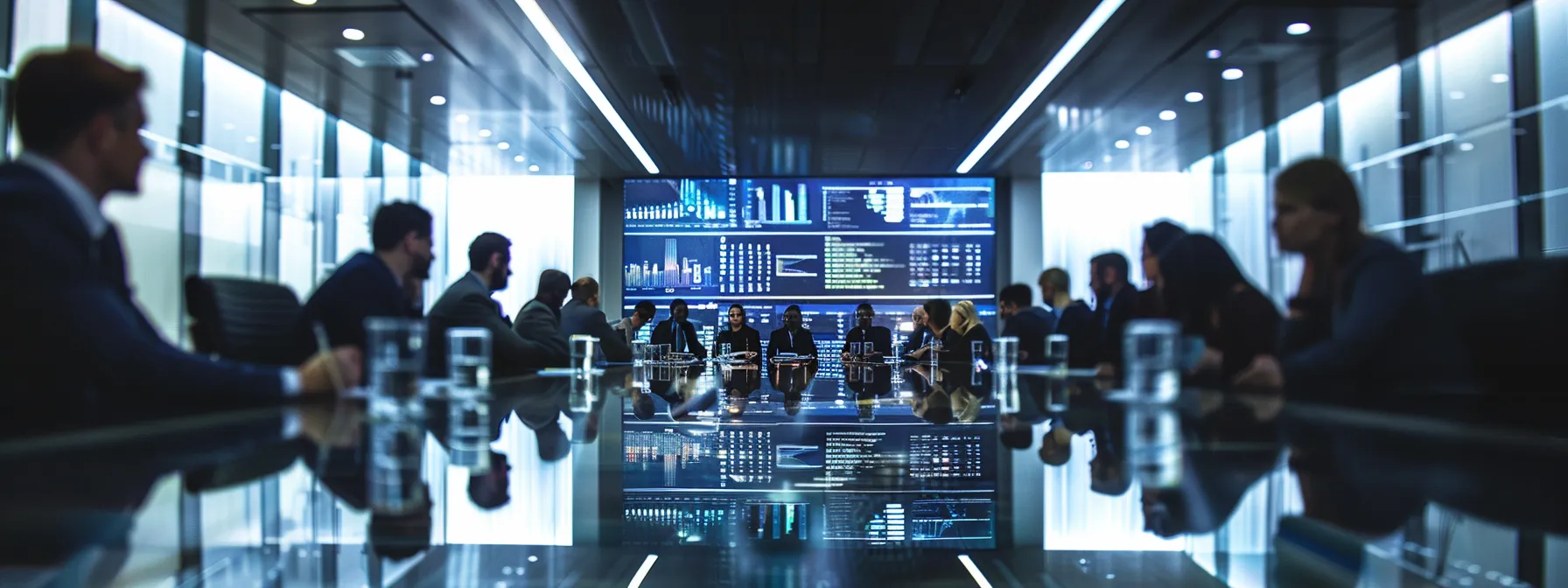 a sleek, modern conference room filled with diverse professionals engaging in a dynamic brainstorming session, illuminated by bright overhead lights reflecting off a polished glass table, with digital strategy charts displayed on a large screen.