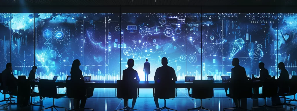 a sleek, modern office conference room features a diverse group of professionals engaged in an animated discussion around a large digital screen displaying sophisticated ai strategy diagrams, with dynamic lighting highlighting their focused expressions and collaborative spirit.