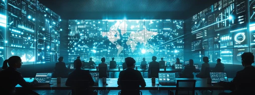 a sleek, modern office conference room filled with diverse professionals analyzing digital dashboards and graphs, showcasing the dynamic impact of ai strategy consulting on organizational performance.