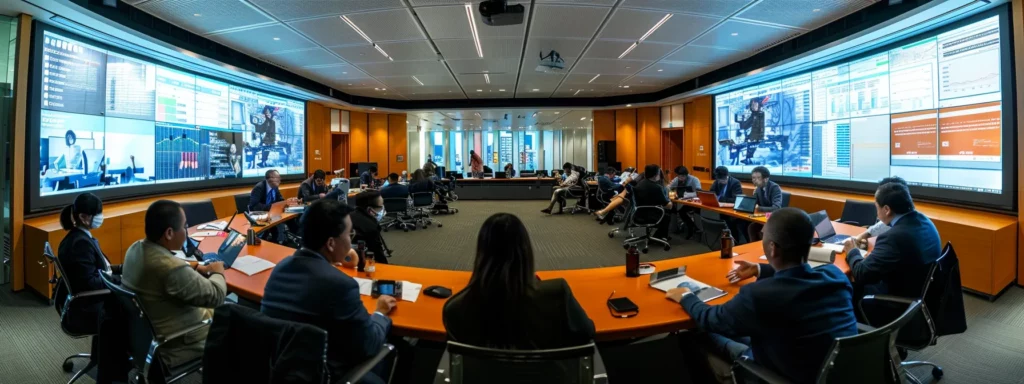 a sleek, modern office conference room filled with diverse professionals engaged in a dynamic discussion, surrounded by high-tech digital displays showcasing ai analytics and strategy frameworks.