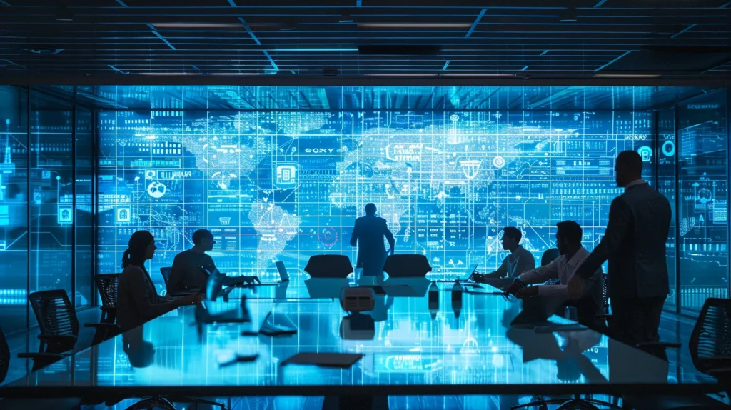 a sleek, modern office conference room features a diverse team engaged in a discussion around a large digital screen displaying ai compliance guidelines, emphasizing ethical practices and data privacy in a collaborative and professional atmosphere.