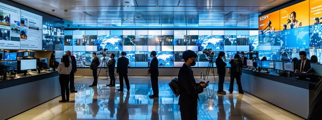 a sleek, modern office environment filled with diverse professionals engaged in discussion and analyzing digital reports on large screens, highlighting the strategic evaluation of ai technologies for business innovation and efficiency.