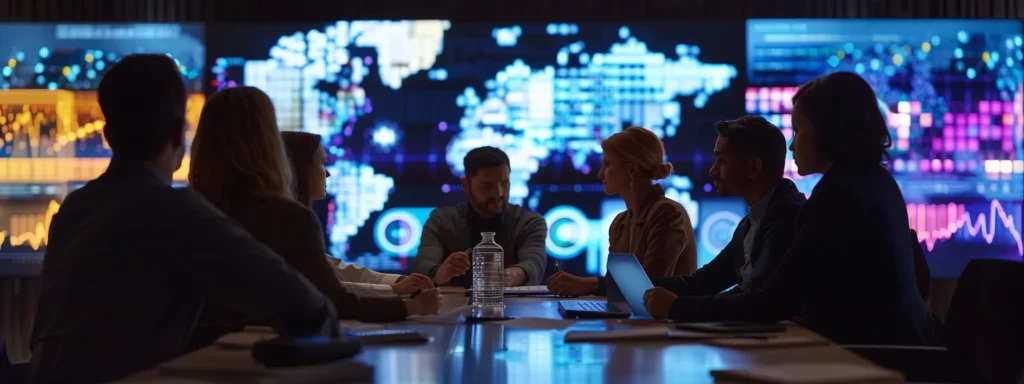 a sleek, modern office environment featuring a diverse team engaged in a dynamic brainstorming session, surrounded by digital screens displaying data analytics and ai strategy frameworks, creating a sense of innovation and collaboration.