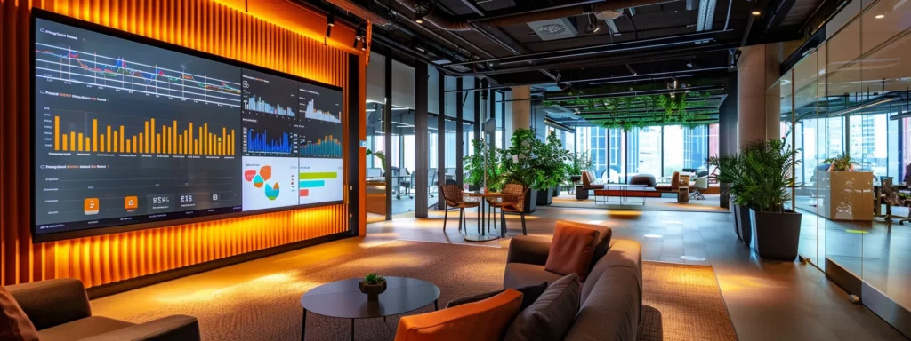 a sleek, modern office environment features a large digital dashboard displaying vibrant graphs and key performance indicators, highlighting ai metrics for efficiency, cost reduction, and customer satisfaction, emphasizing the strategic role of ai in business transformation.
