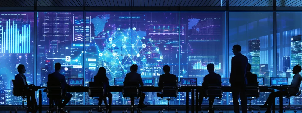 a sleek, modern office meeting room, with a prominent digital screen displaying complex graphs and metrics, as a diverse group of professionals engages in a focused discussion about overcoming the challenges of measuring ai roi and effectiveness.