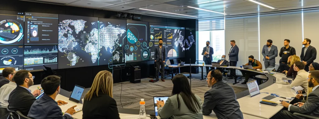 a sleek, modern office setting features a diverse group of professionals engaged in a deep discussion around a large screen displaying complex ai data analytics, highlighting the challenges and risks of implementing ai systems in business.