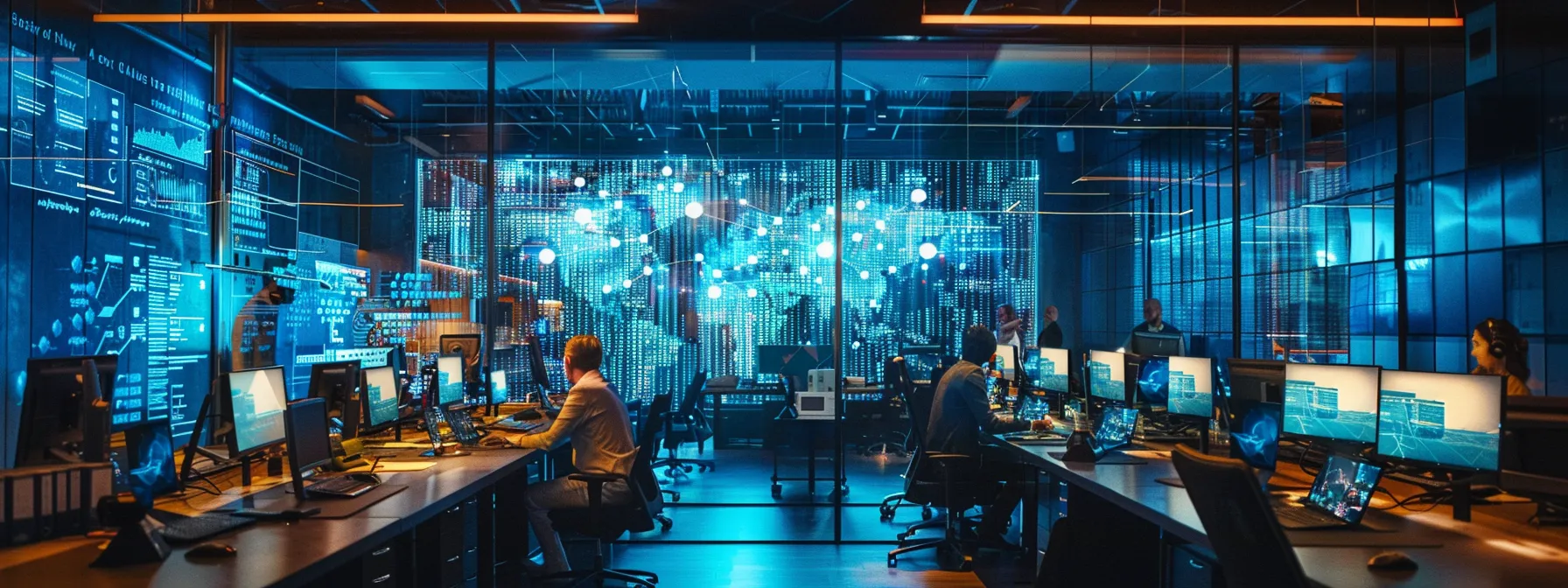a sleek modern office setting showcases a diverse team engaged in a dynamic brainstorming session, surrounded by high-tech displays illustrating ai concepts and practical applications for business innovation.