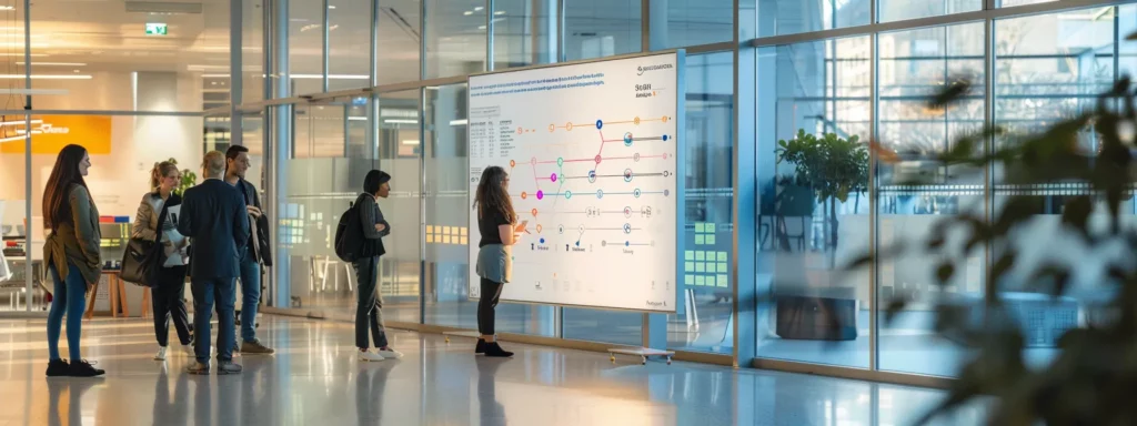 a sleek, modern office space filled with engaged professionals collaborating around a digital whiteboard, showcasing a detailed flowchart that outlines a structured ai strategy, illuminated by bright, focused lighting.