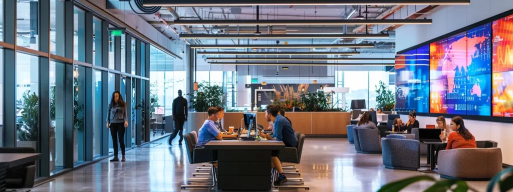 a sleek, modern office space brimming with high-tech screens displaying dynamic data analytics, showcasing a diverse group of professionals engaged in strategic discussions about the future of ai in business transformation.
