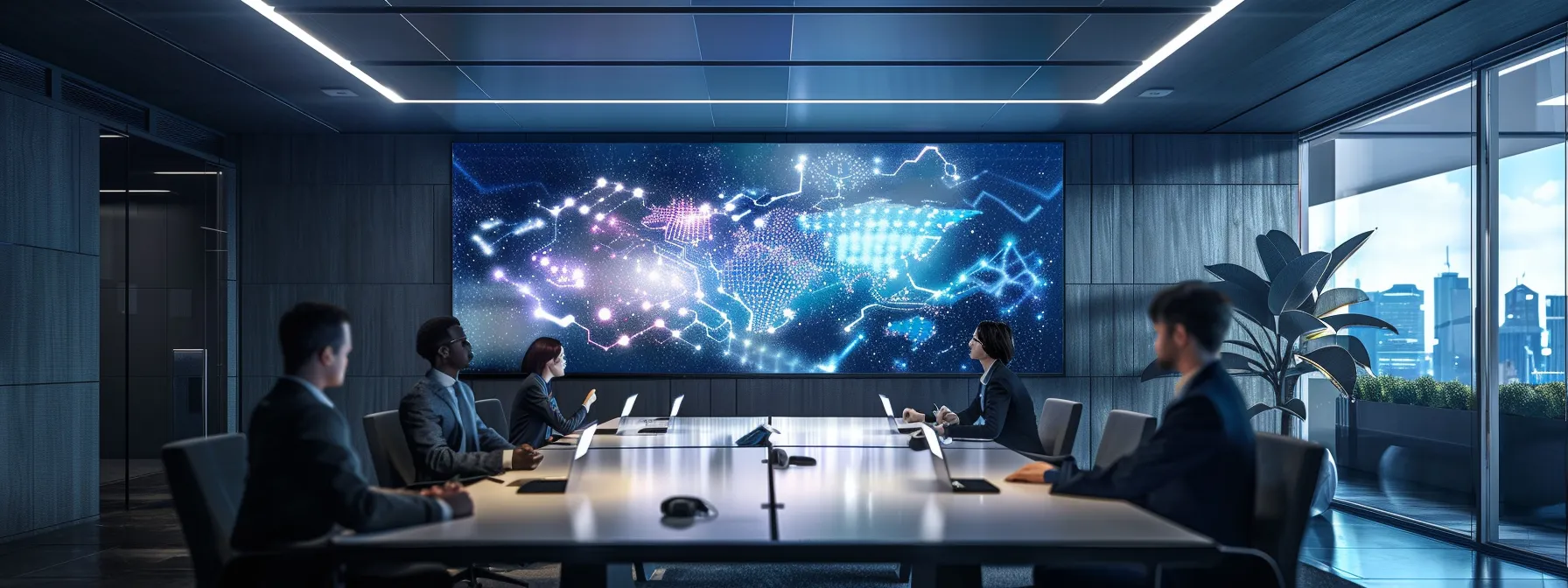 a sleek modern office with a large digital screen displaying an intricate ai roadmap, illuminated by soft overhead lighting, while engaged professionals collaborate around a minimalist conference table.